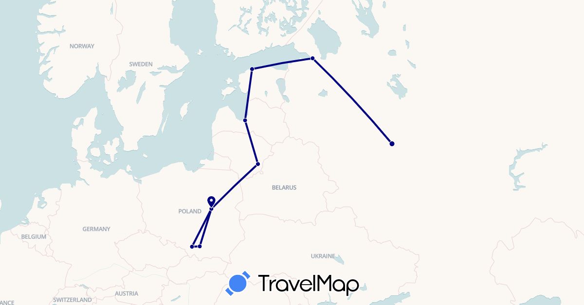 TravelMap itinerary: driving in Estonia, Lithuania, Latvia, Poland, Russia (Europe)